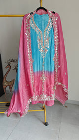 Gotta patti Ombre Blue Pink Designer Partywear embroidery unstitched suit