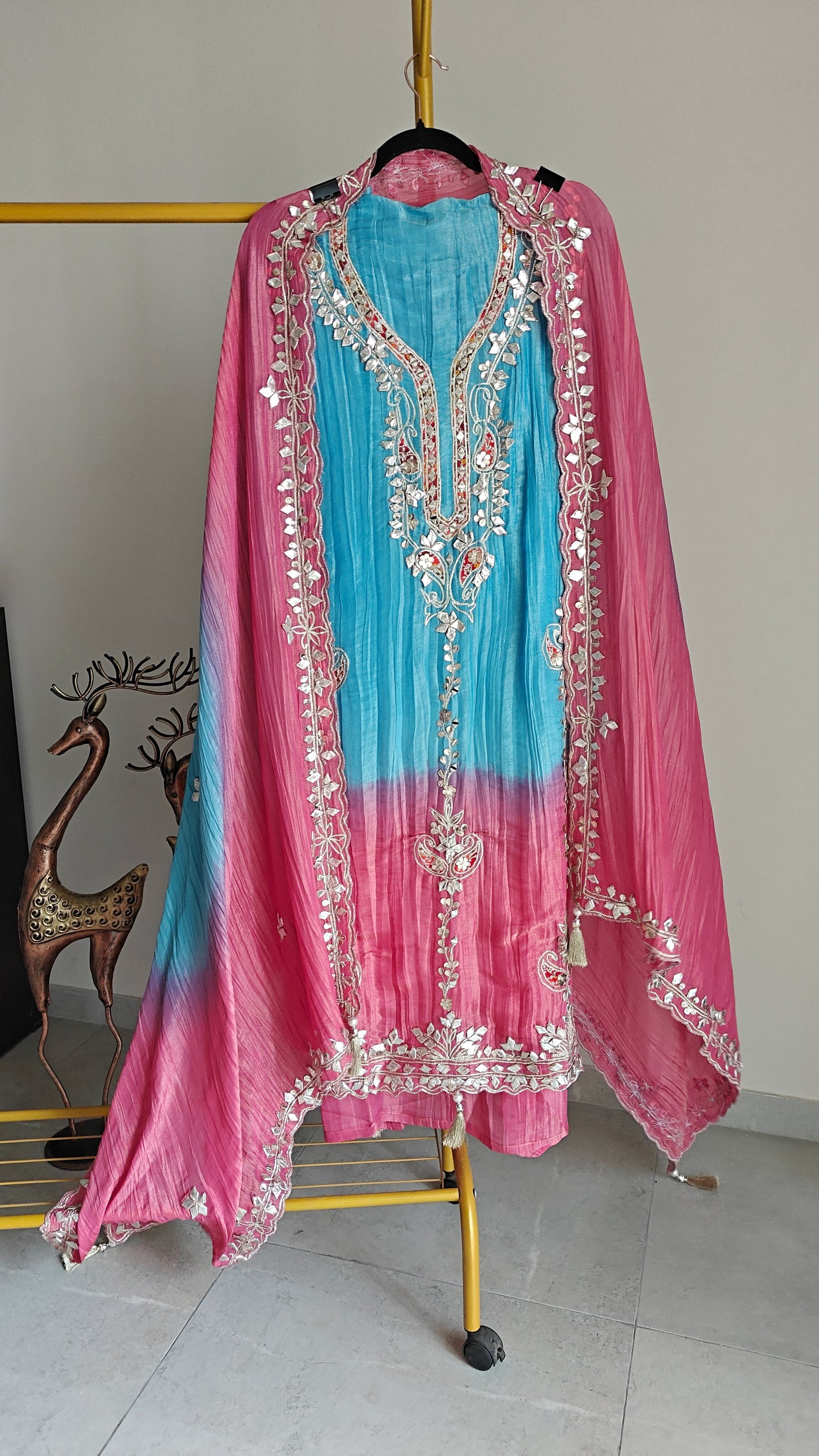Gotta patti Ombre Blue Pink Designer Partywear embroidery unstitched suit