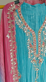 Gotta patti Ombre Blue Pink Designer Partywear embroidery unstitched suit