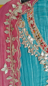 Gotta patti Ombre Blue Pink Designer Partywear embroidery unstitched suit