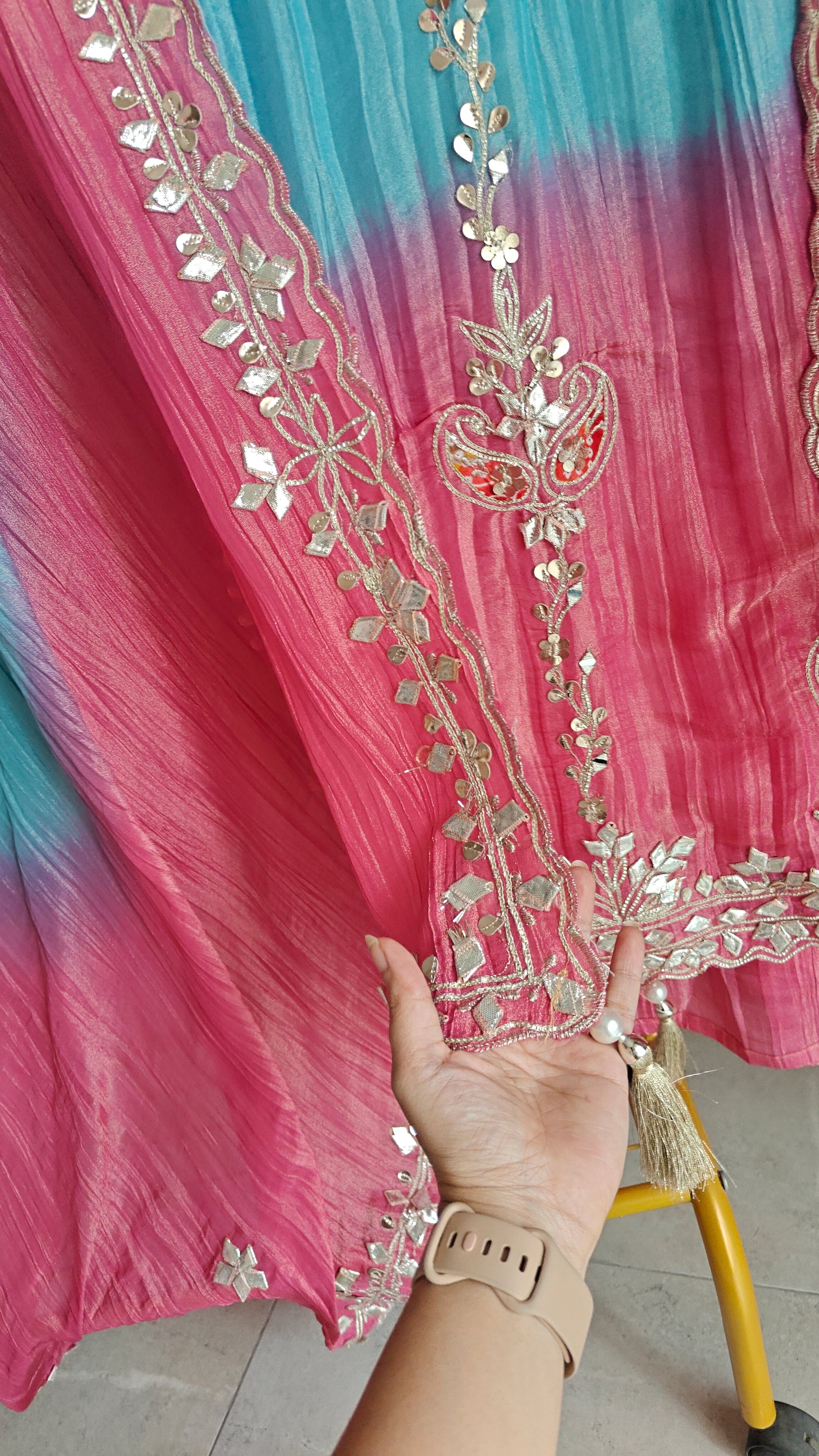 Gotta patti Ombre Blue Pink Designer Partywear embroidery unstitched suit