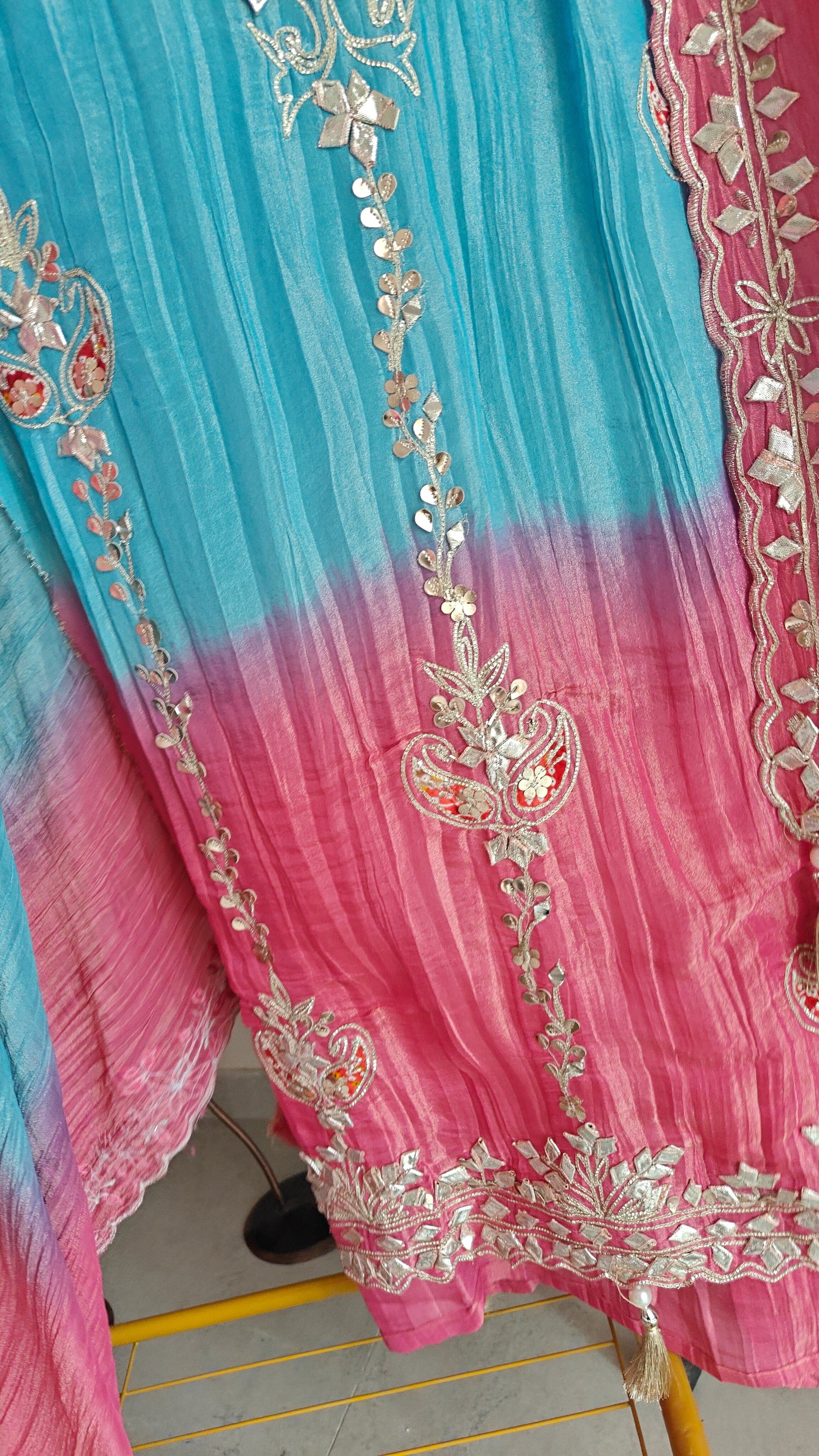 Gotta patti Ombre Blue Pink Designer Partywear embroidery unstitched suit