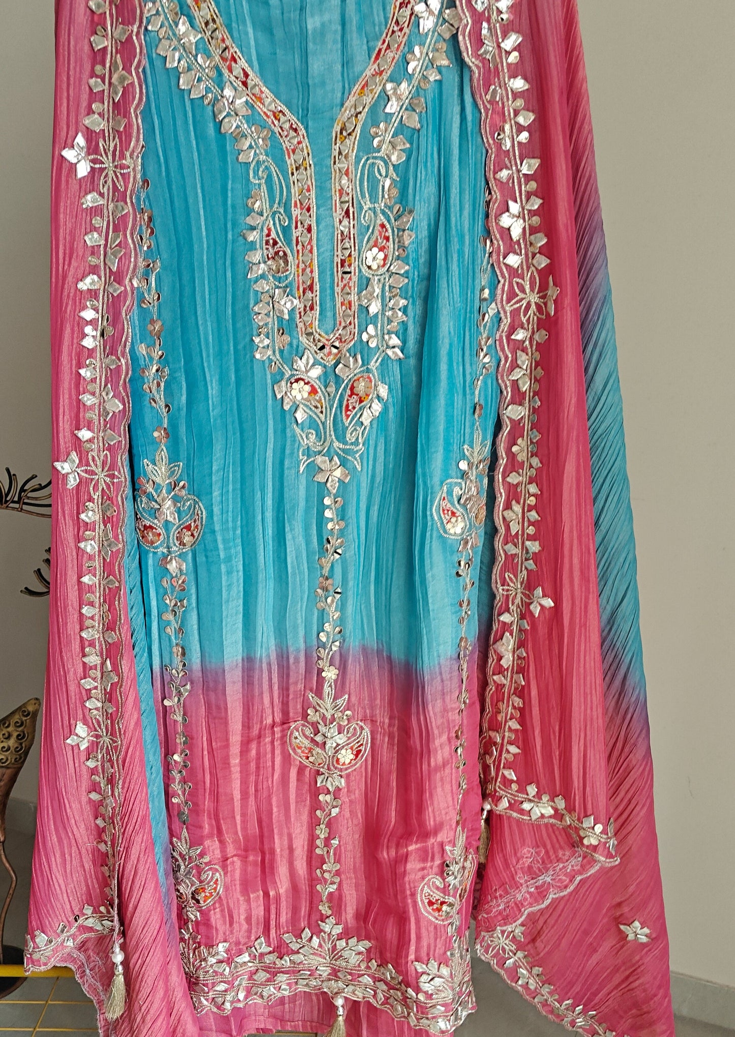Gotta patti Ombre Blue Pink Designer Partywear embroidery unstitched suit