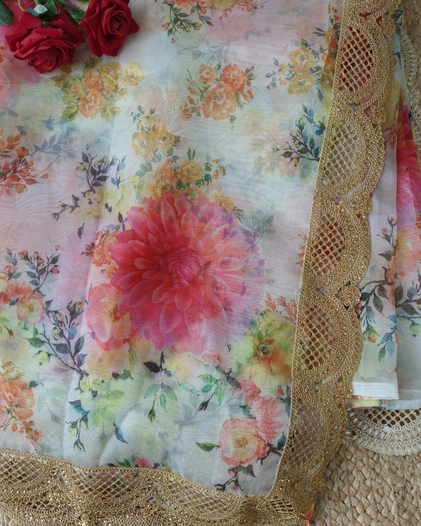 Floral Organza Saree with scallop border.