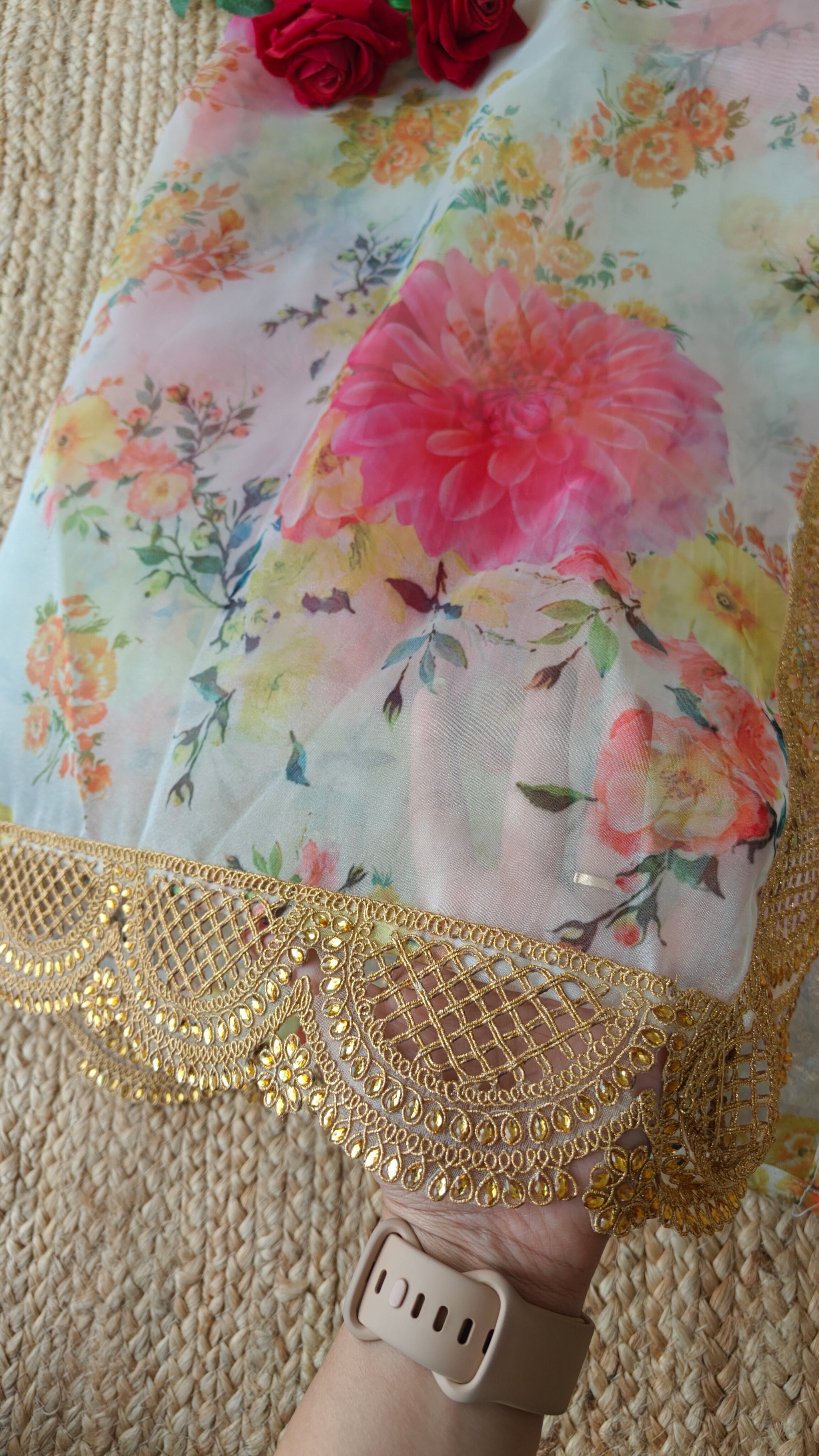 Floral Organza Saree with scallop border.