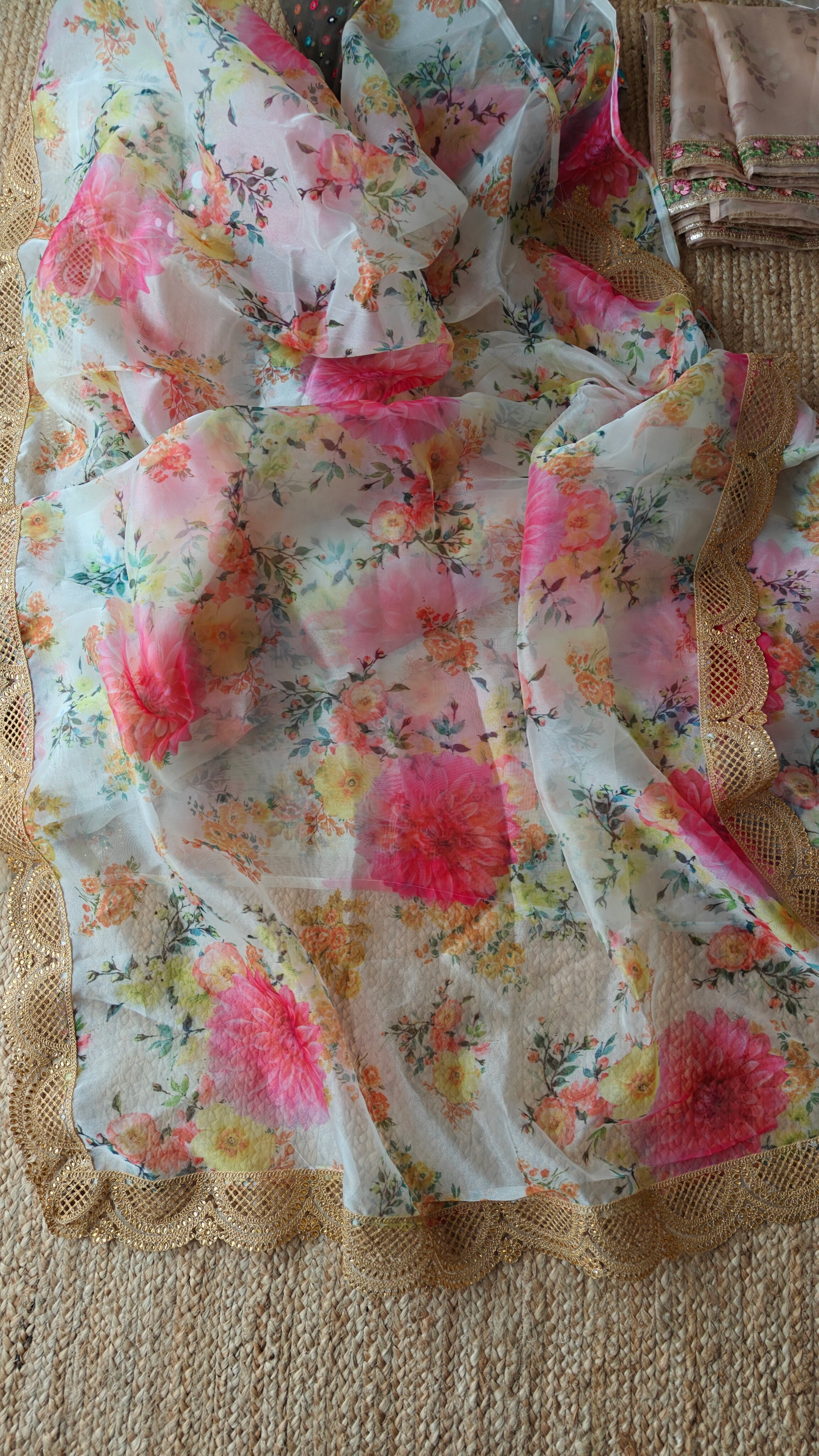 Floral Organza Saree with scallop border.