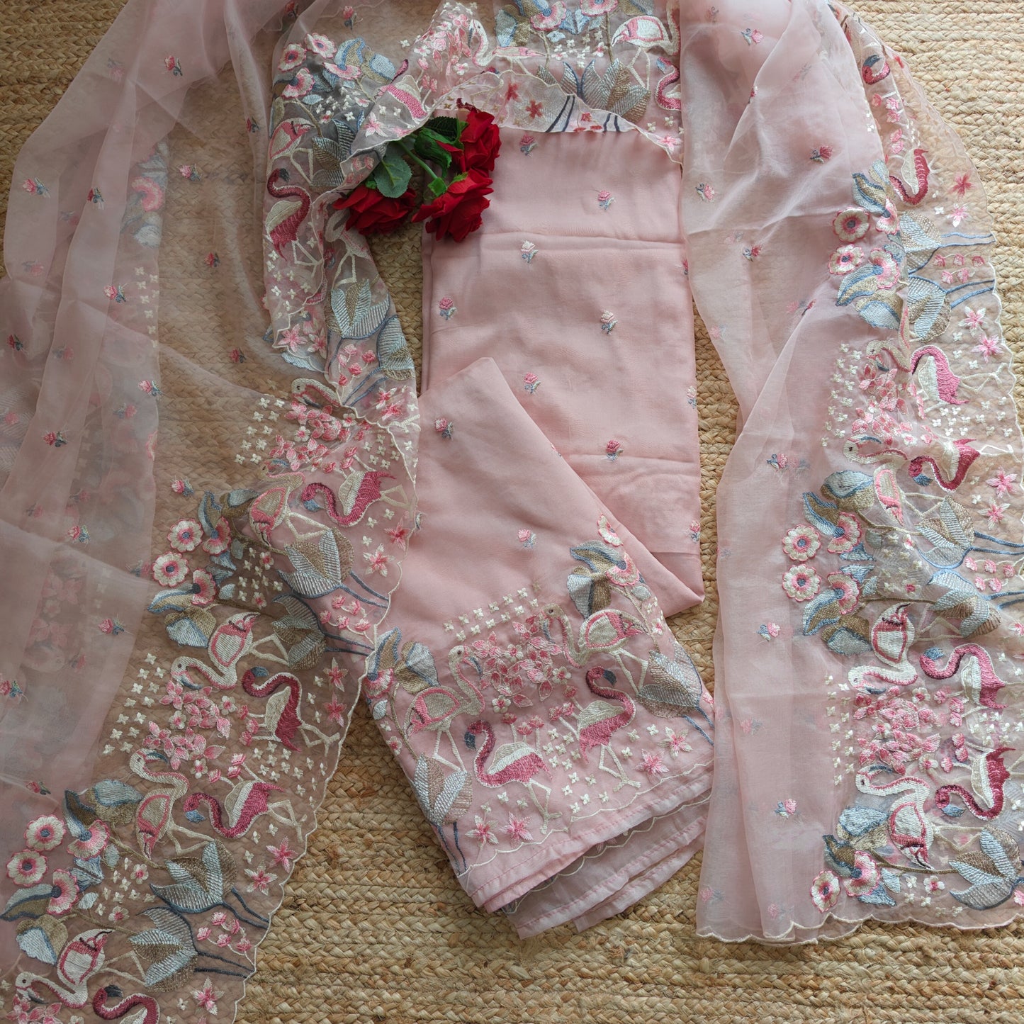 Pink Organza colorful Flamingo embroidery Dress material Unstitched Suit