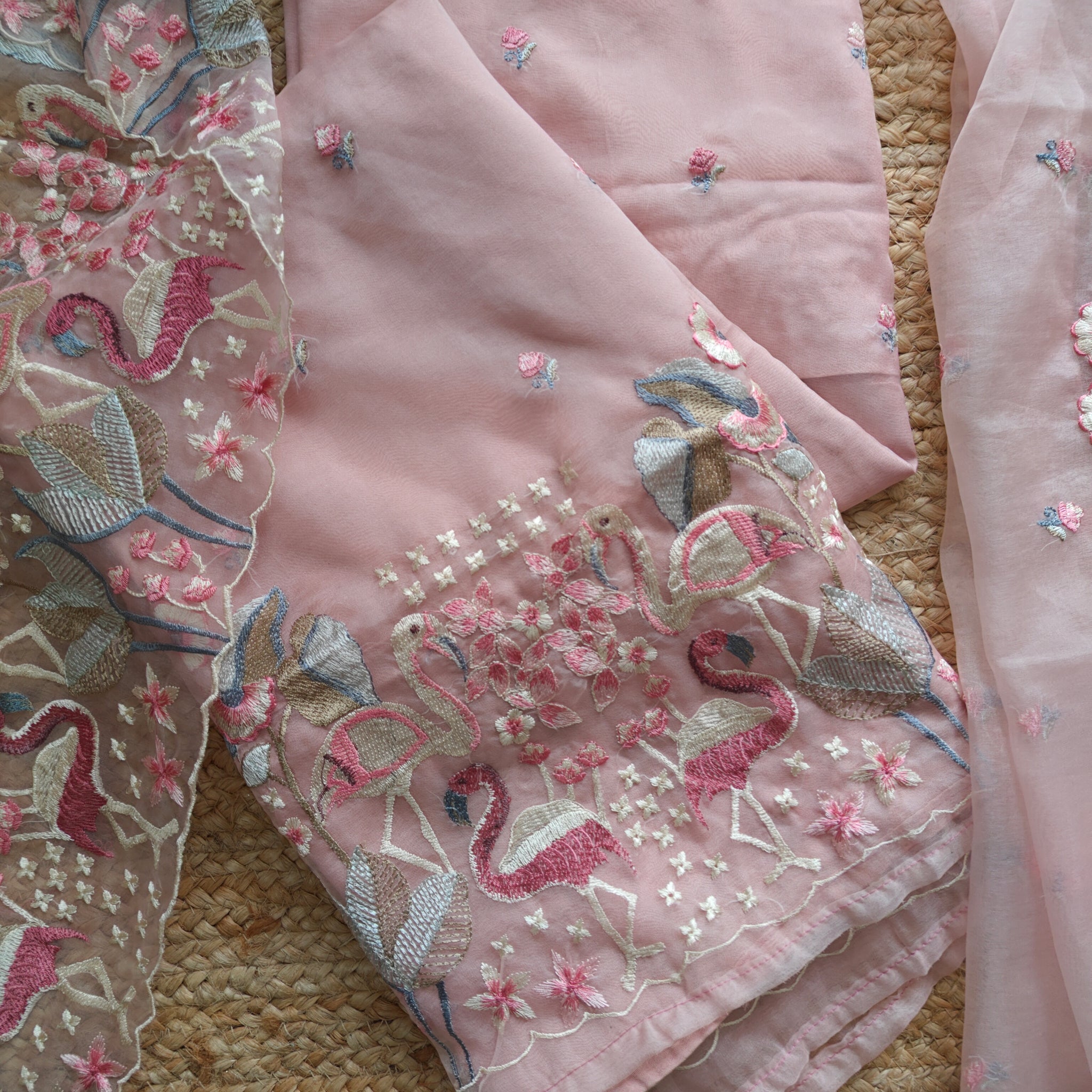 Pink Organza colorful Flamingo embroidery Dress material Unstitched Suit