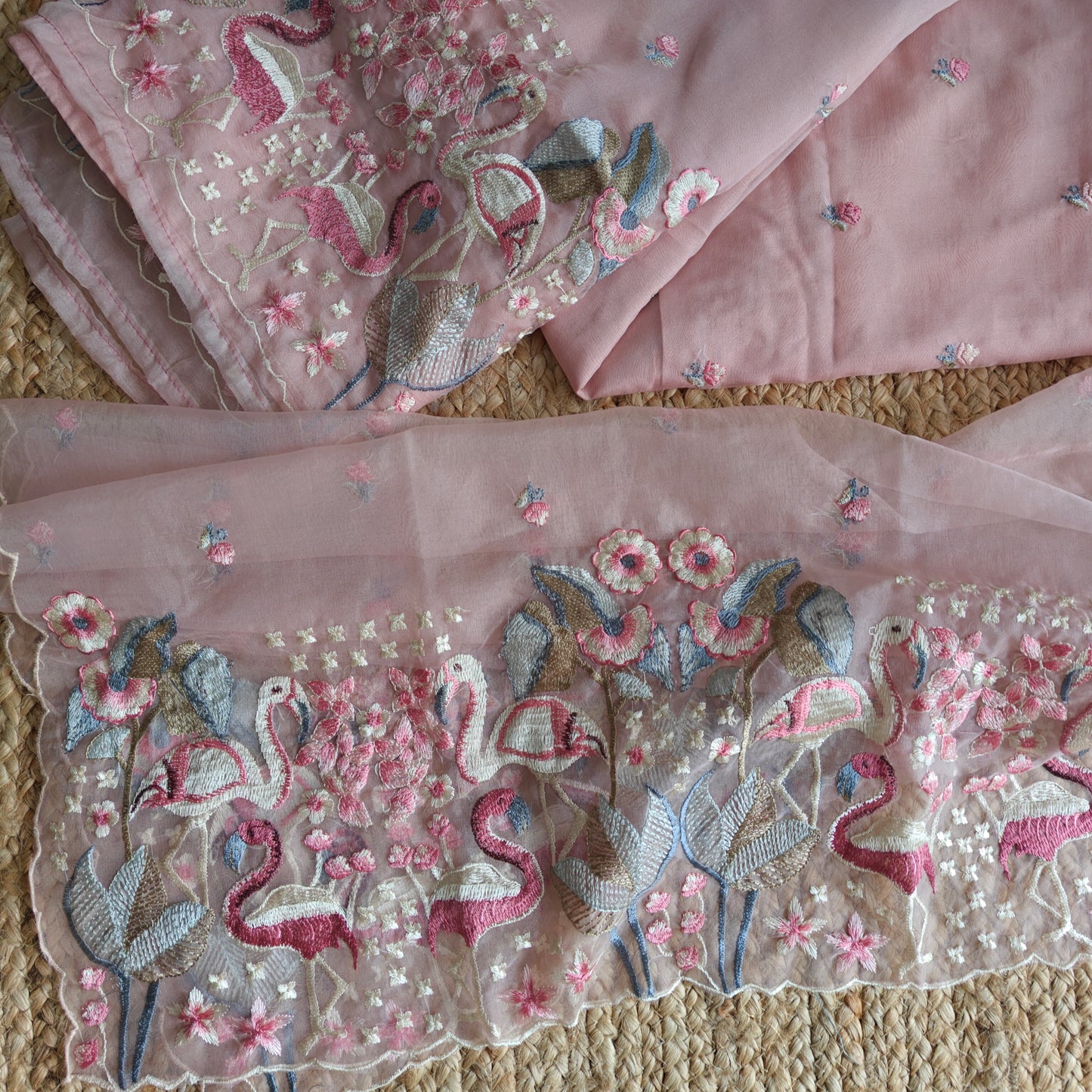 Pink Organza colorful Flamingo embroidery Dress material Unstitched Suit