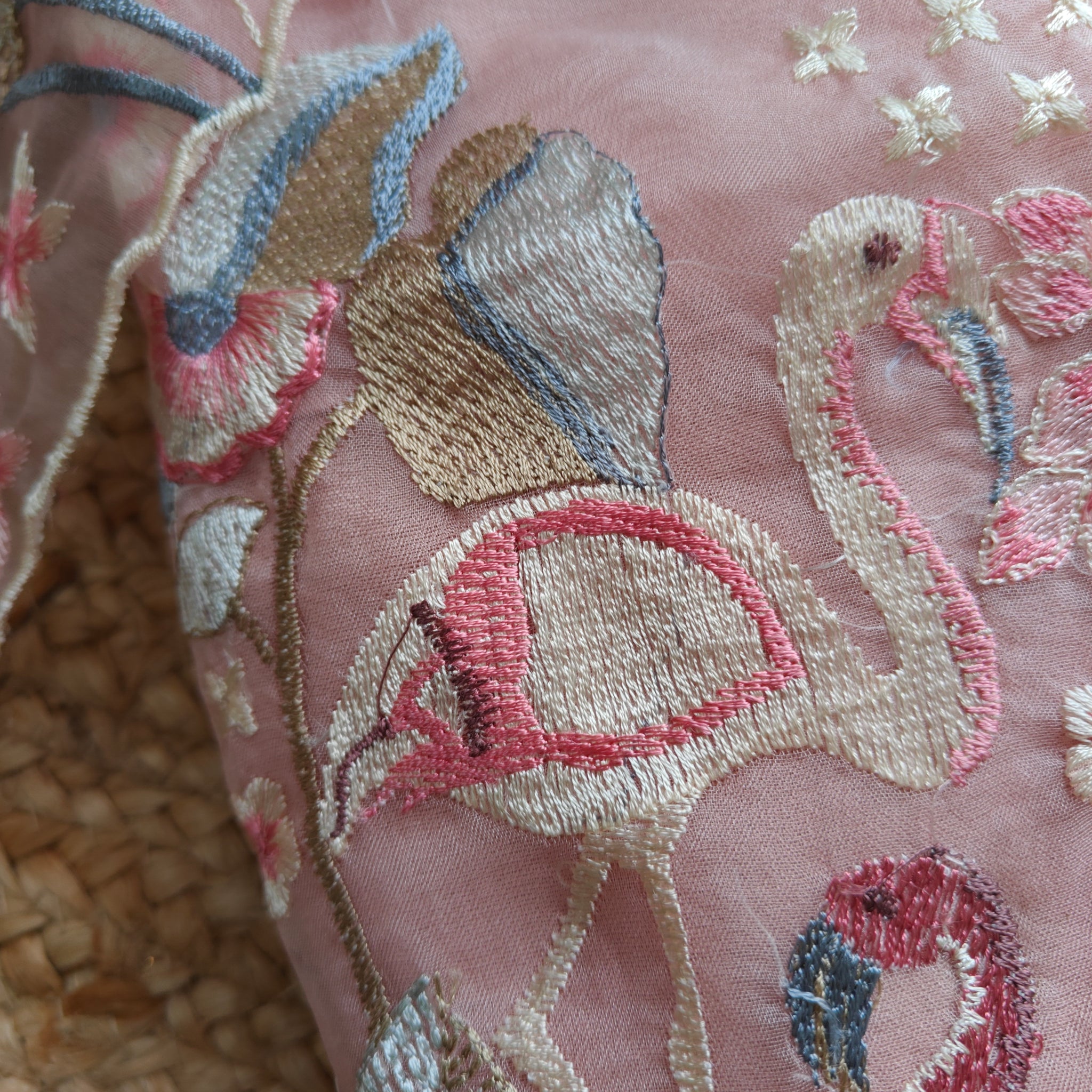 Pink Organza colorful Flamingo embroidery Dress material Unstitched Suit