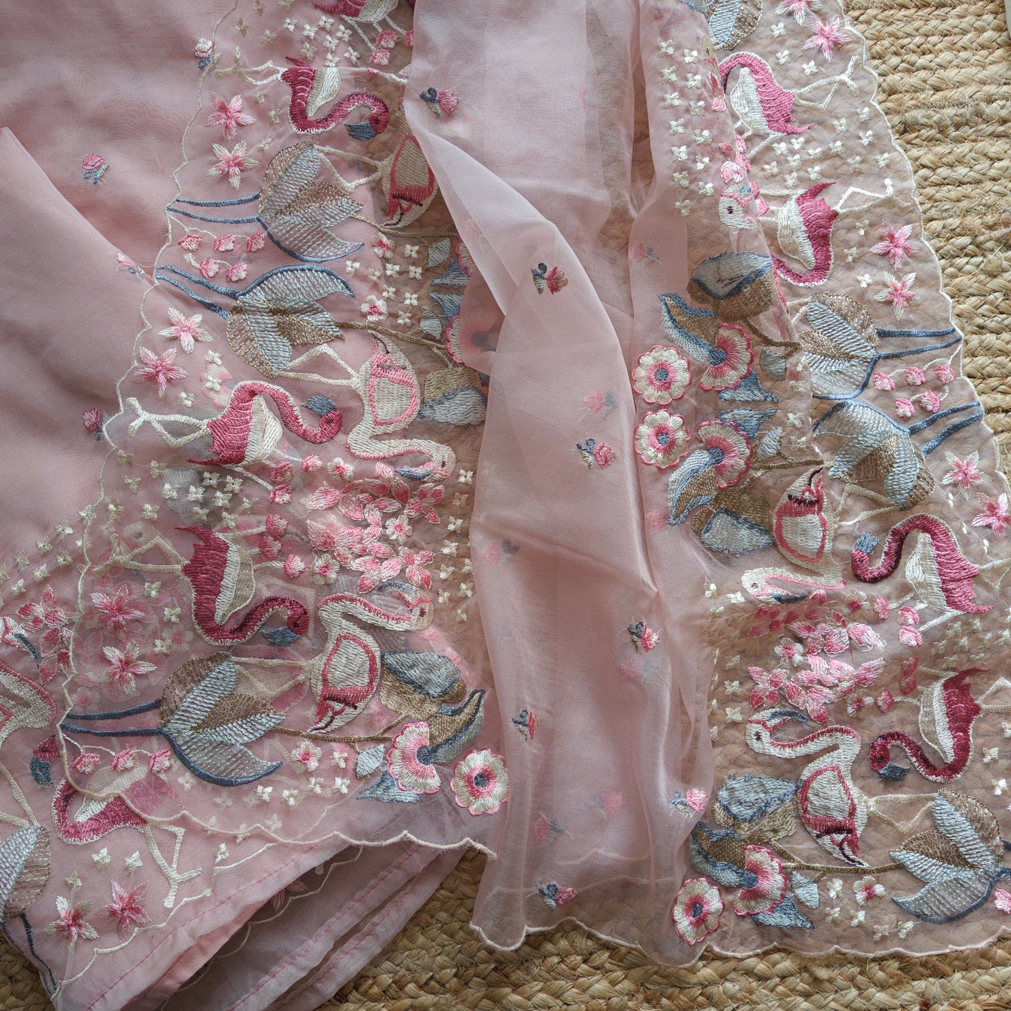 Pink Organza colorful Flamingo embroidery Dress material Unstitched Suit