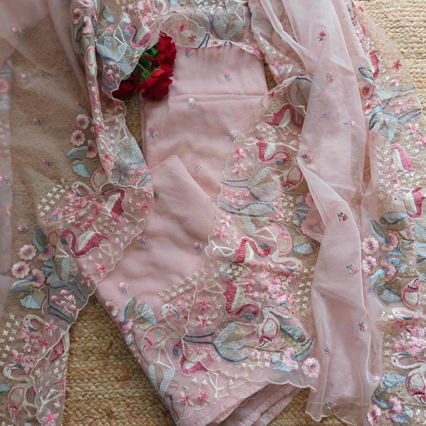 Pink Organza colorful Flamingo embroidery Dress material Unstitched Suit