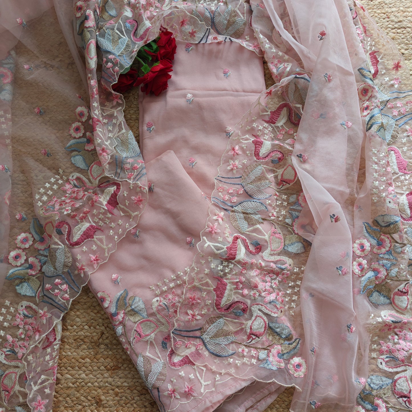 Pink Organza colorful Flamingo embroidery Dress material Unstitched Suit