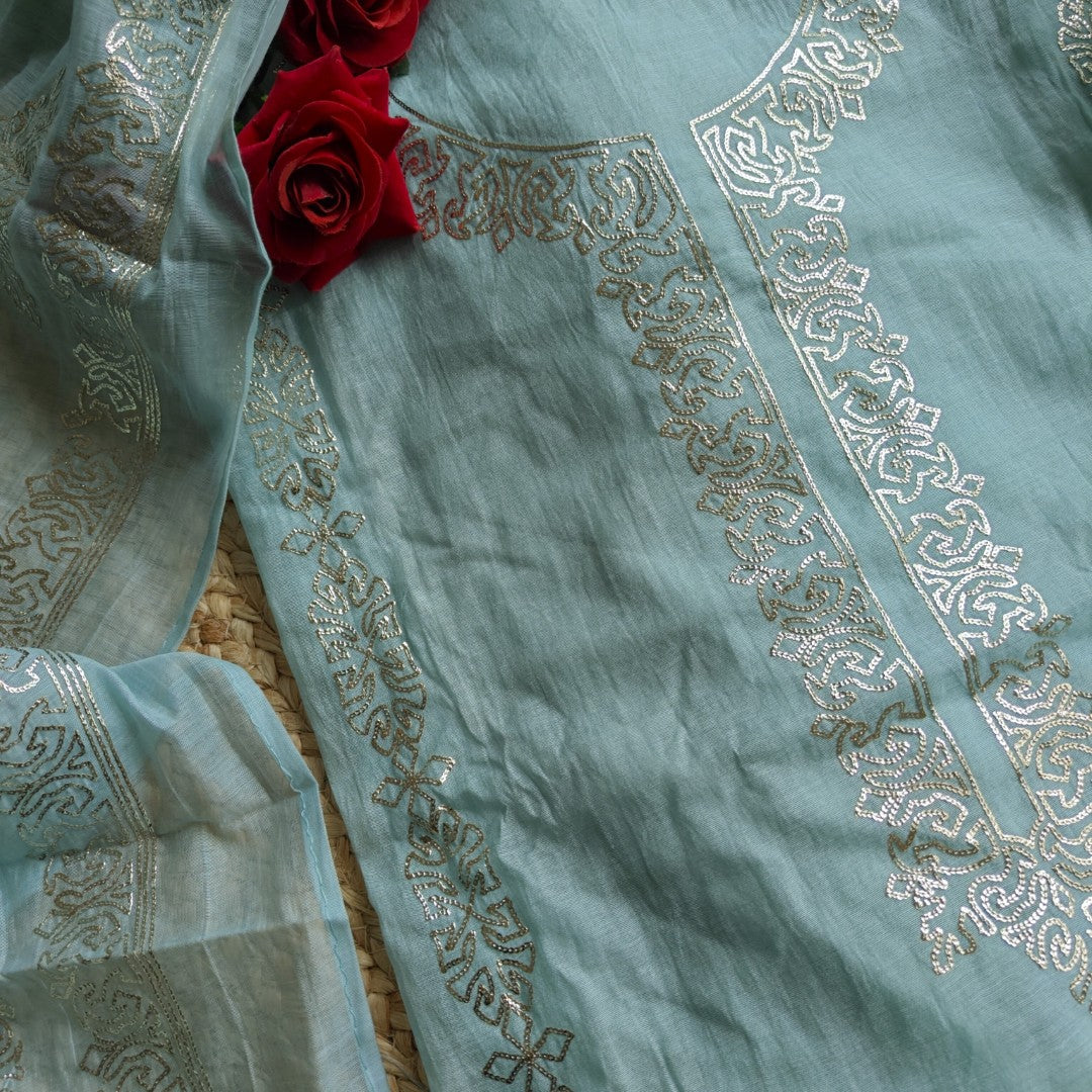 Mul Cotton dress material with pitta work Soft blue unstitched set