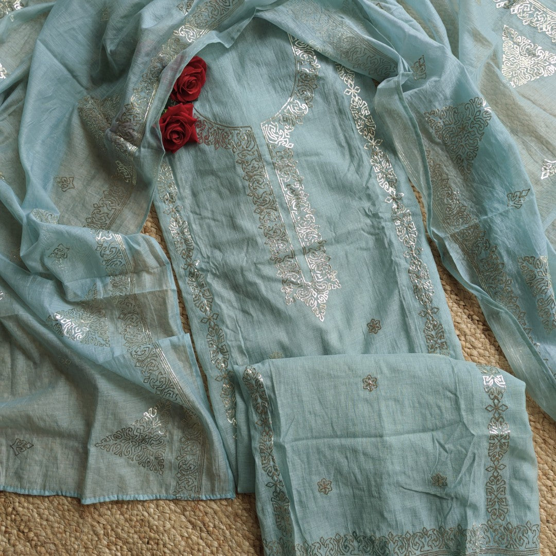 Mul Cotton dress material with pitta work Soft blue unstitched set