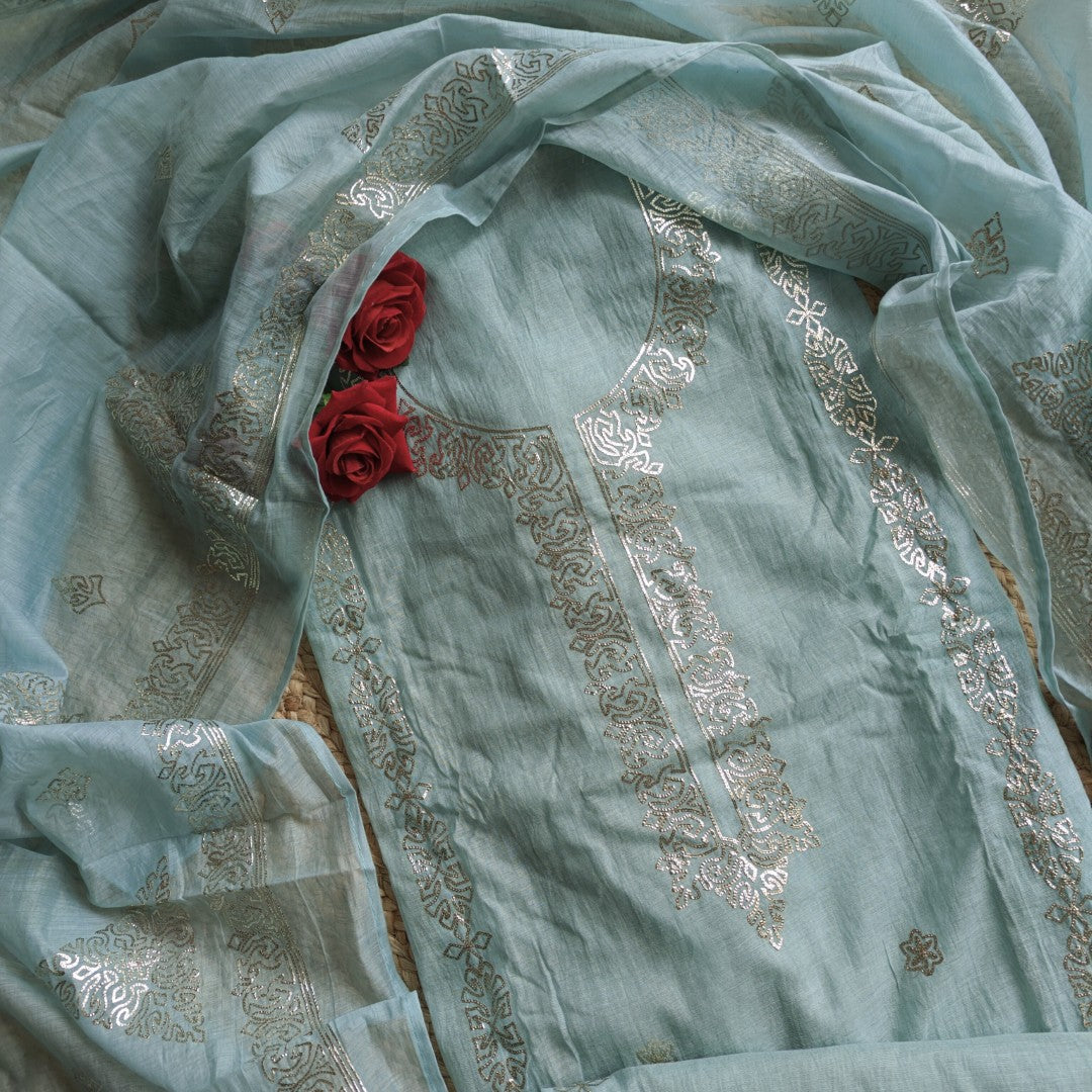 Mul Cotton dress material with pitta work Soft blue unstitched set