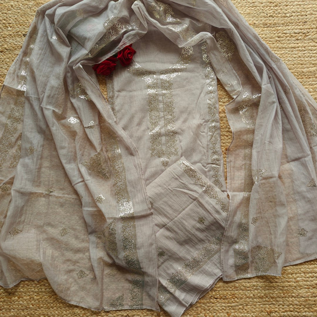 Ash color Mul Cotton dress material with pitta work unstitched set