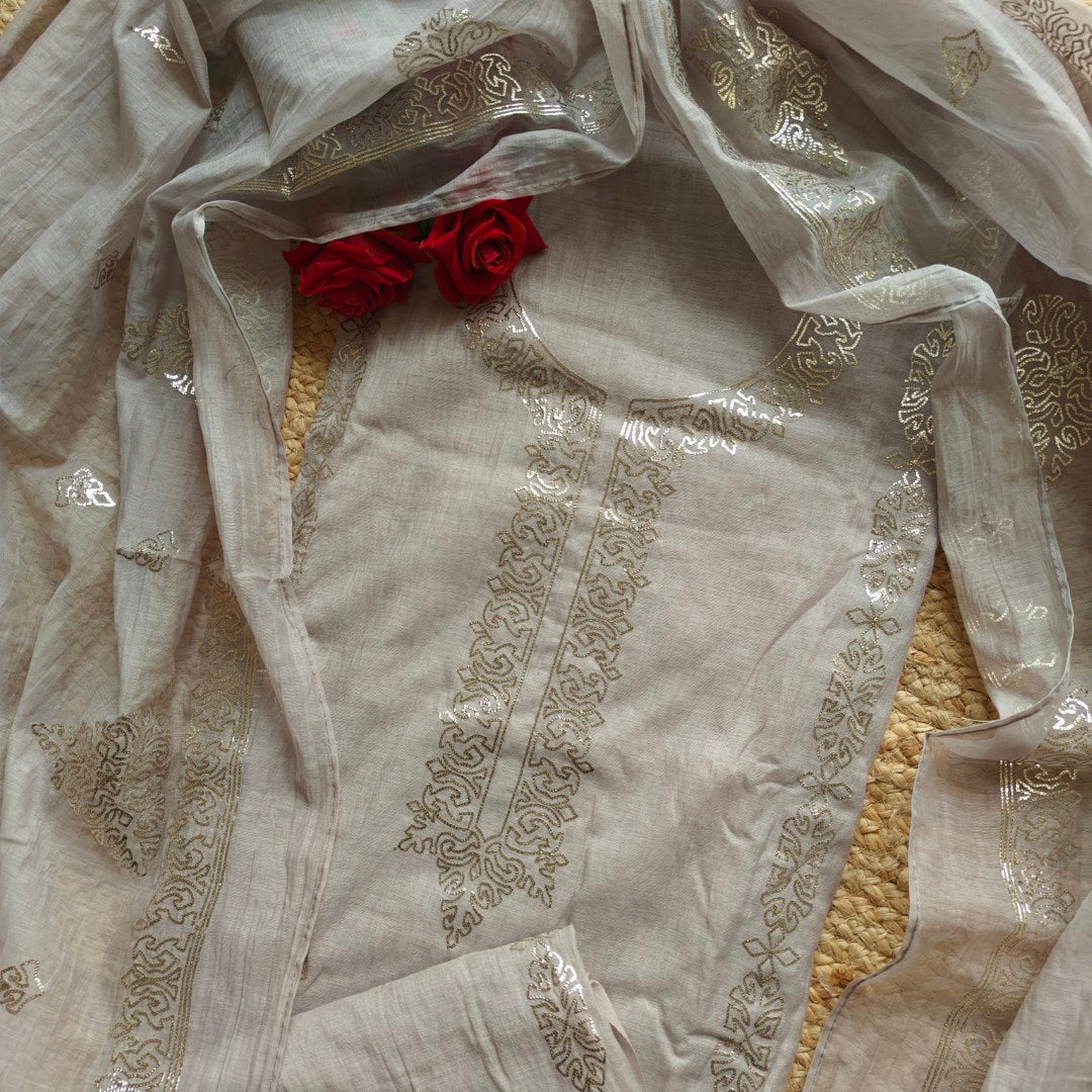 Ash color Mul Cotton dress material with pitta work unstitched set