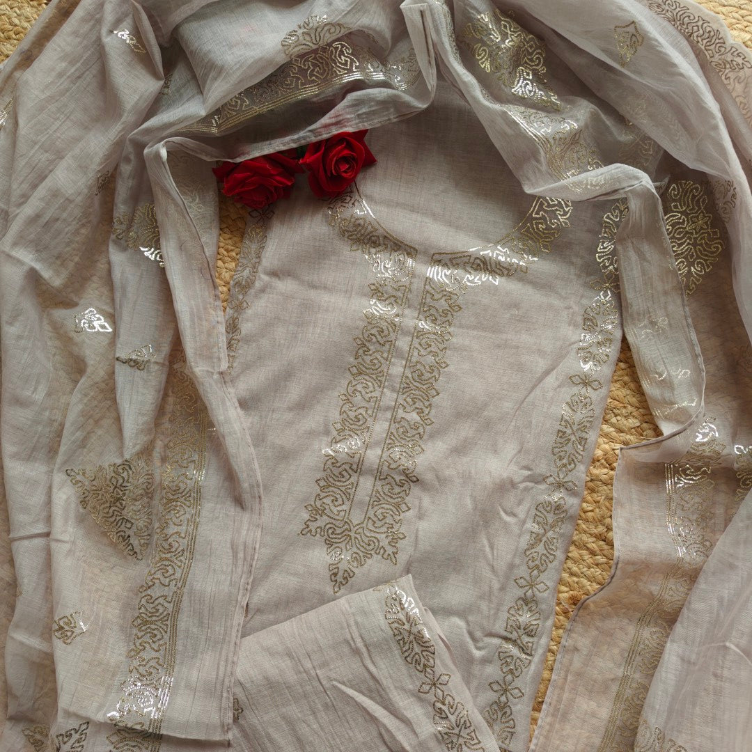 Ash color Mul Cotton dress material with pitta work unstitched set