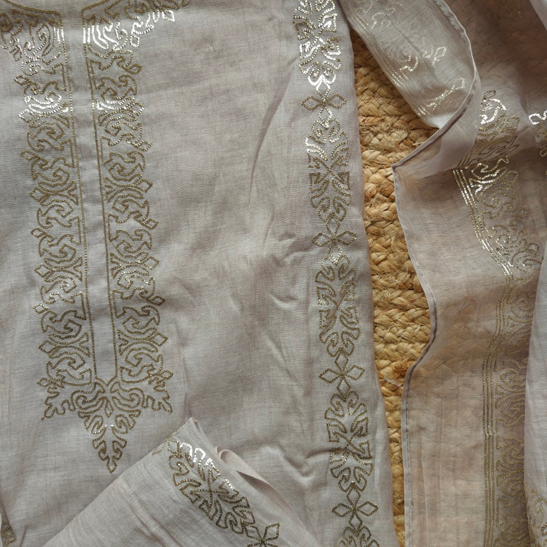 Ash color Mul Cotton dress material with pitta work unstitched set