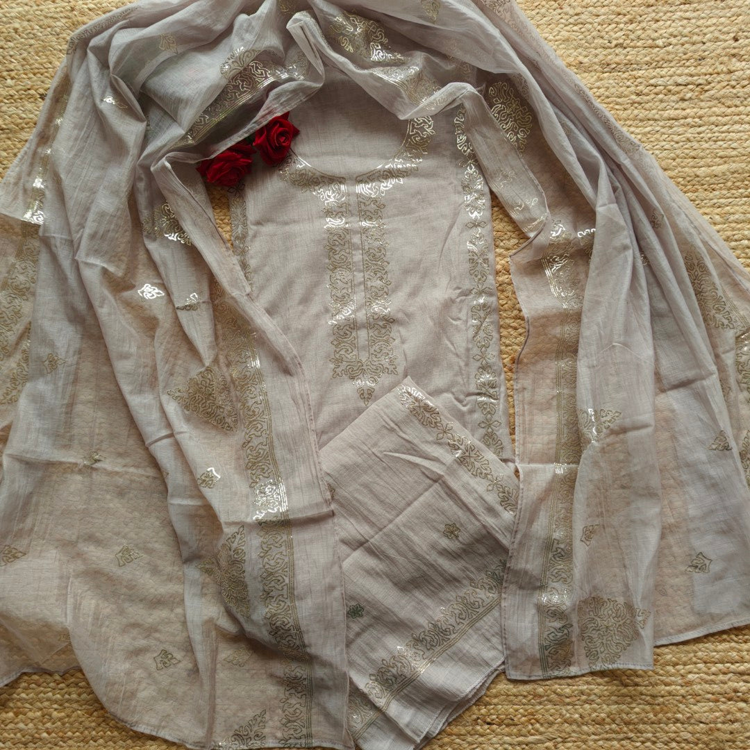 Ash color Mul Cotton dress material with pitta work unstitched set