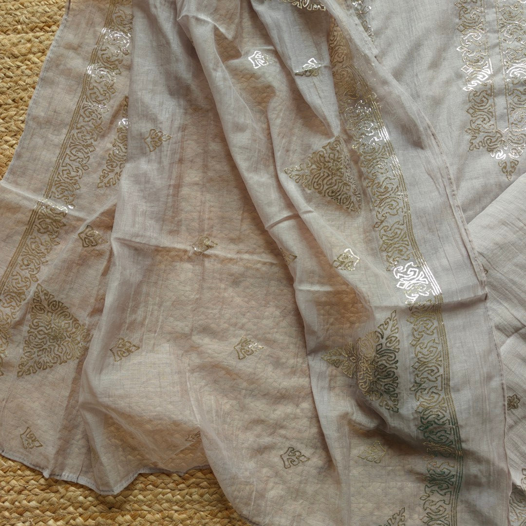 Ash color Mul Cotton dress material with pitta work unstitched set