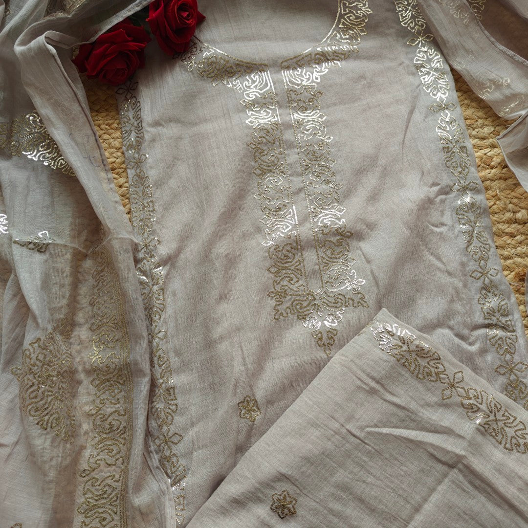 Ash color Mul Cotton dress material with pitta work unstitched set