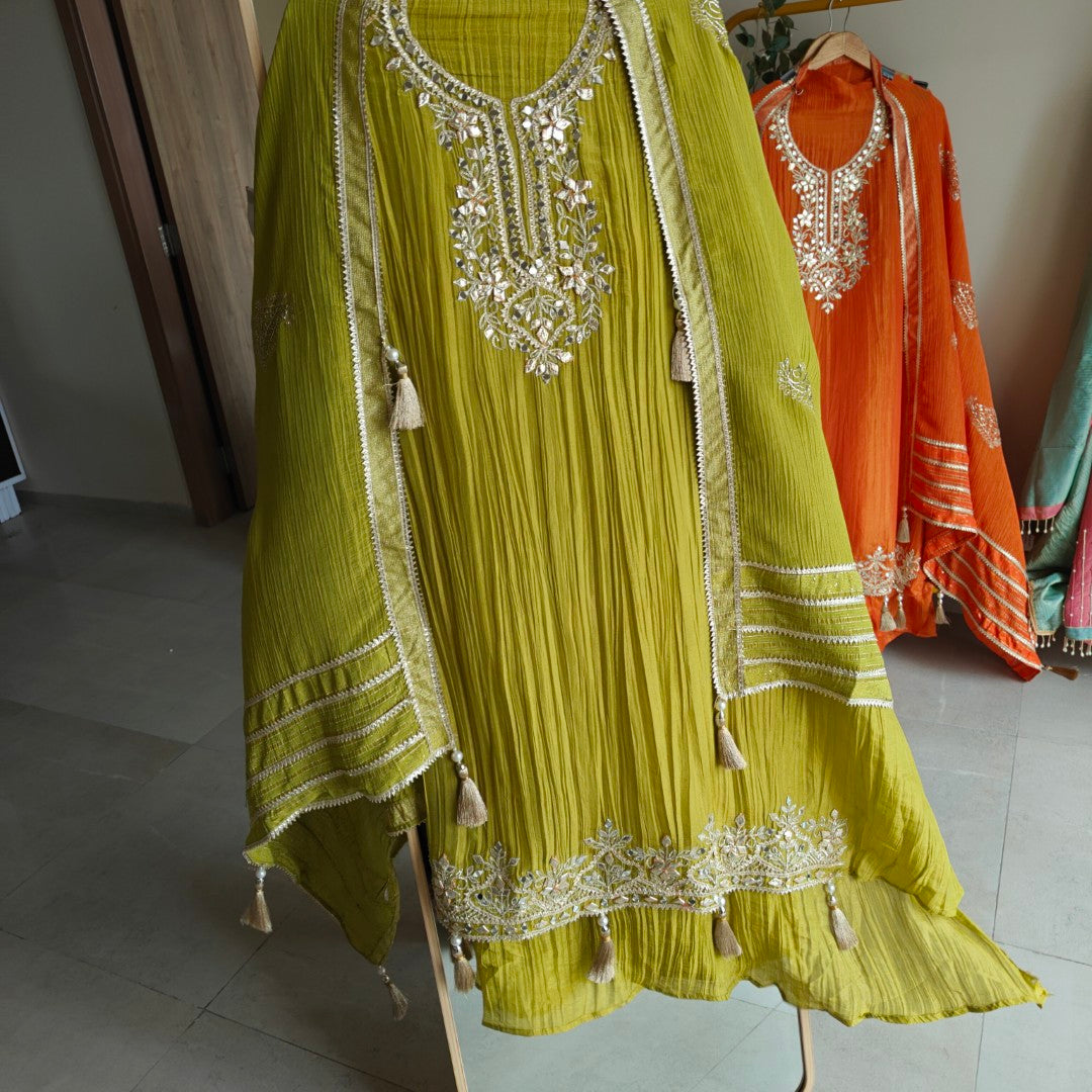 Green Designer Partywear Gotta patti embroidery unstitched suit