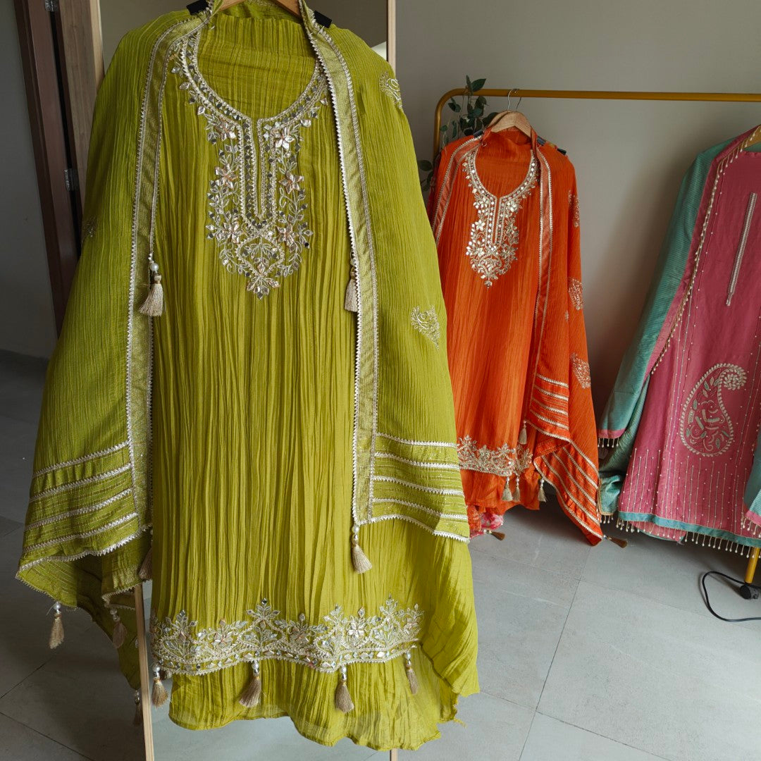 Green Designer Partywear Gotta patti embroidery unstitched suit