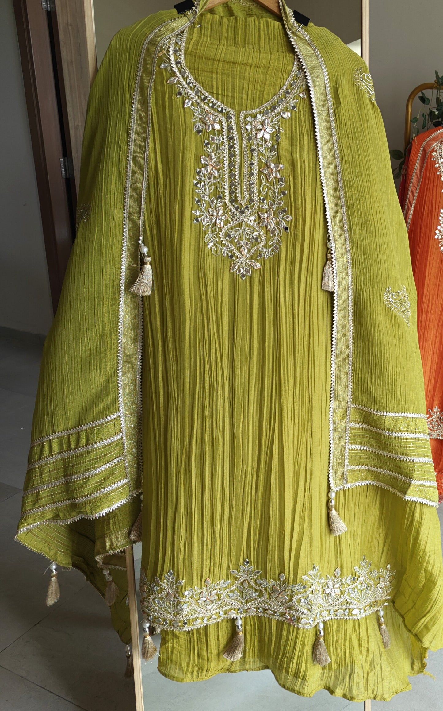 Green Designer Partywear Gotta patti embroidery unstitched suit