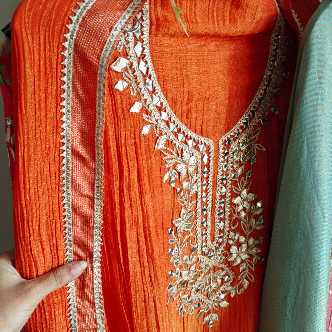 Designer Partywear Gotta patti embroidery unstitched suit.