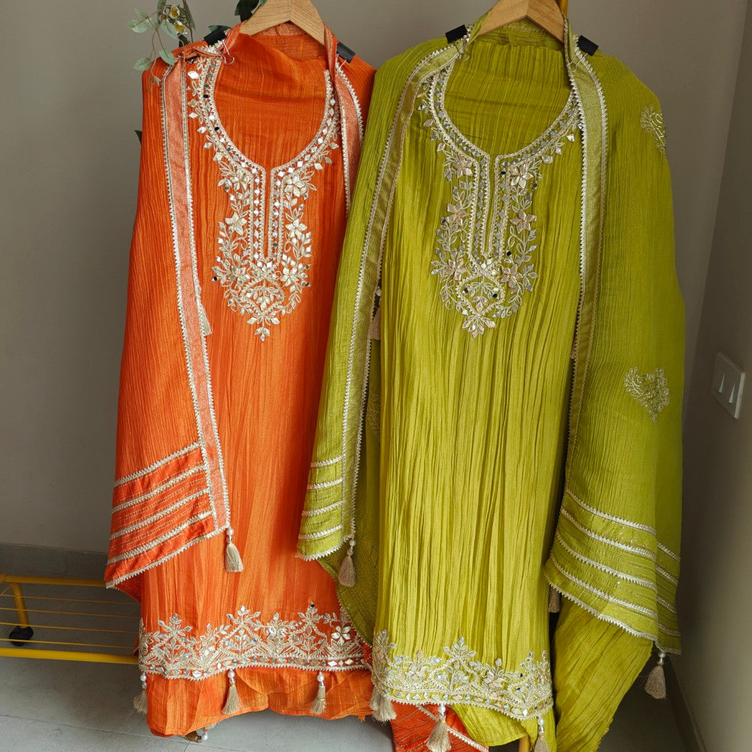 Green Designer Partywear Gotta patti embroidery unstitched suit