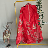 Red chanderi cotton knot Bird embroidery