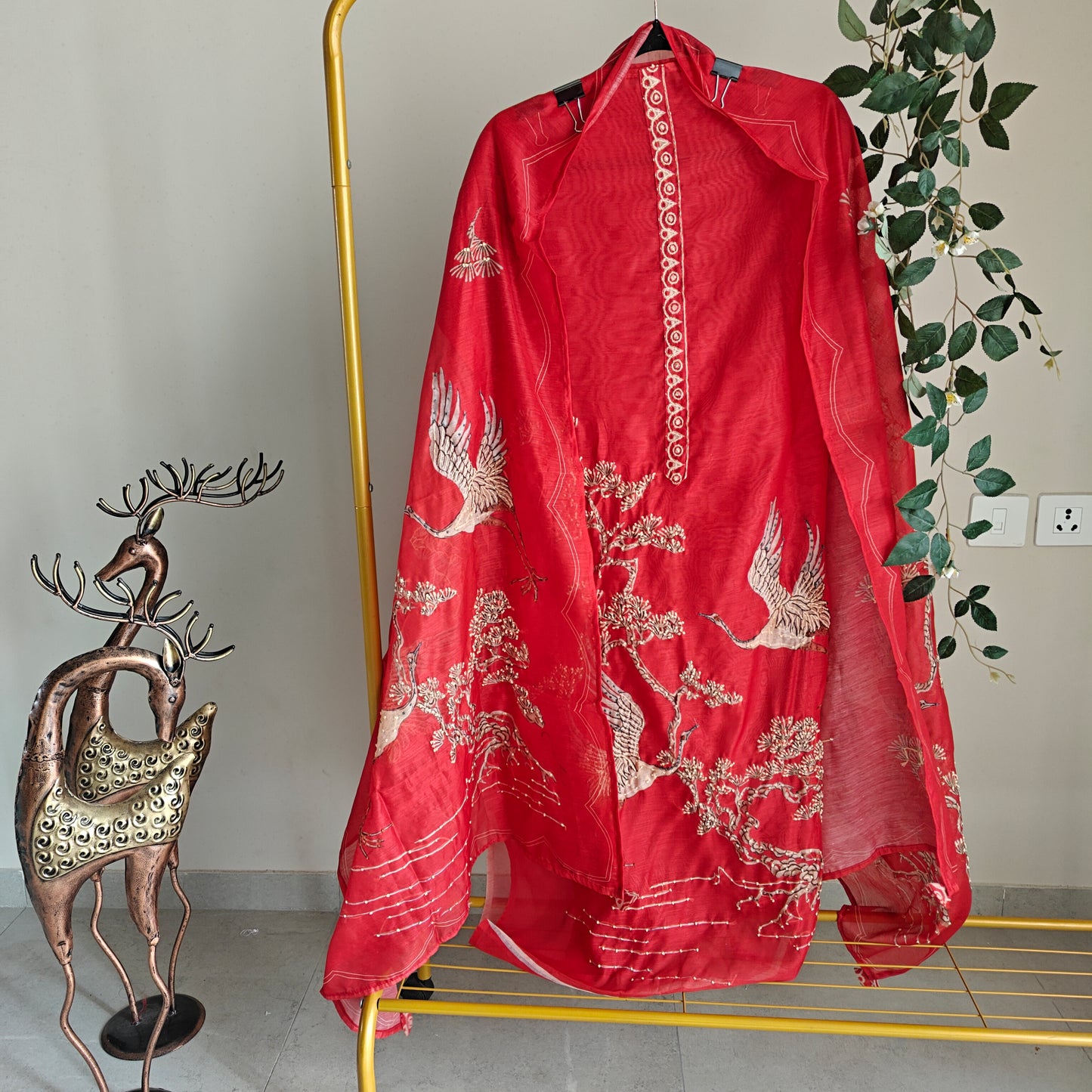 Red chanderi cotton knot Bird embroidery