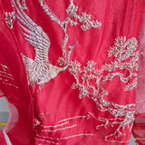Red chanderi cotton knot Bird embroidery