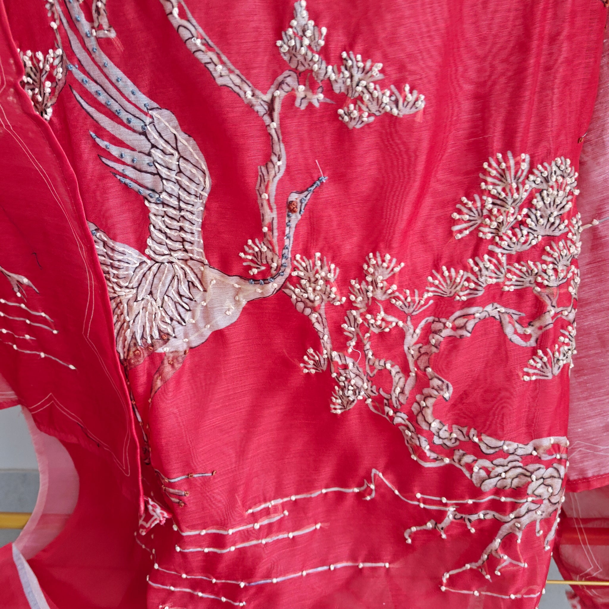 Red chanderi cotton knot Bird embroidery