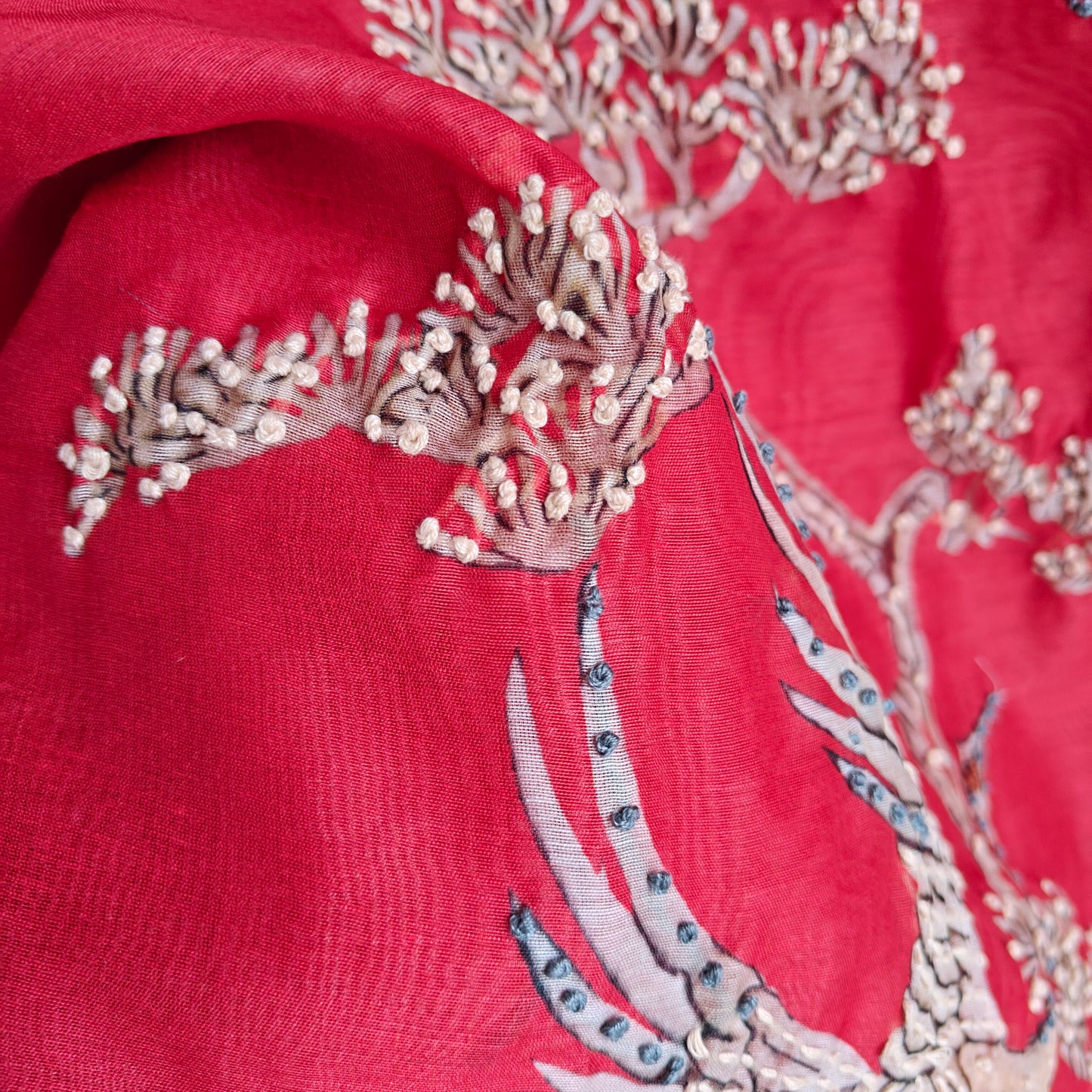 Red chanderi cotton knot Bird embroidery