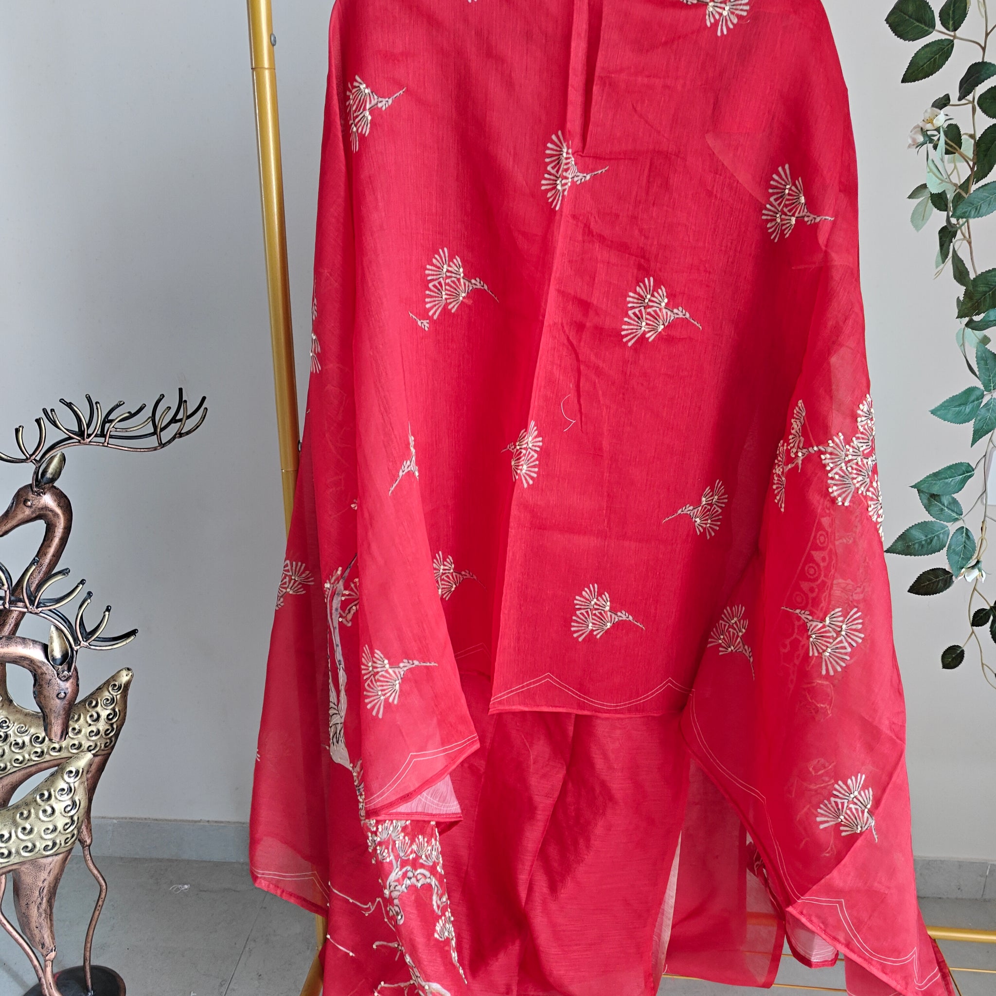 Red chanderi cotton knot Bird embroidery