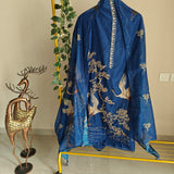 Deep Blue chanderi cotton knot Bird embroidery