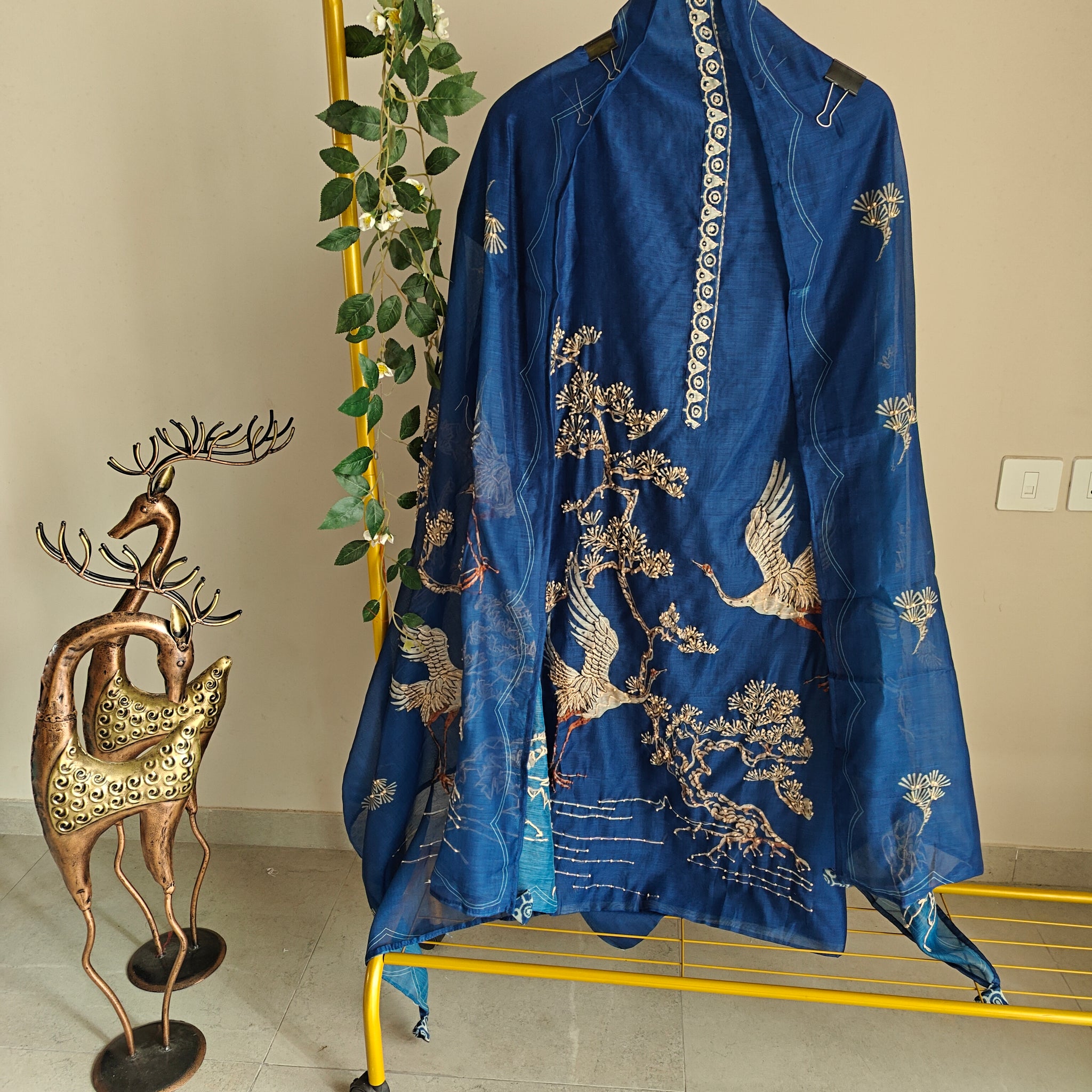 Deep Blue chanderi cotton knot Bird embroidery