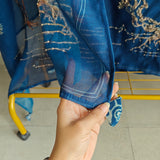 Deep Blue chanderi cotton knot Bird embroidery