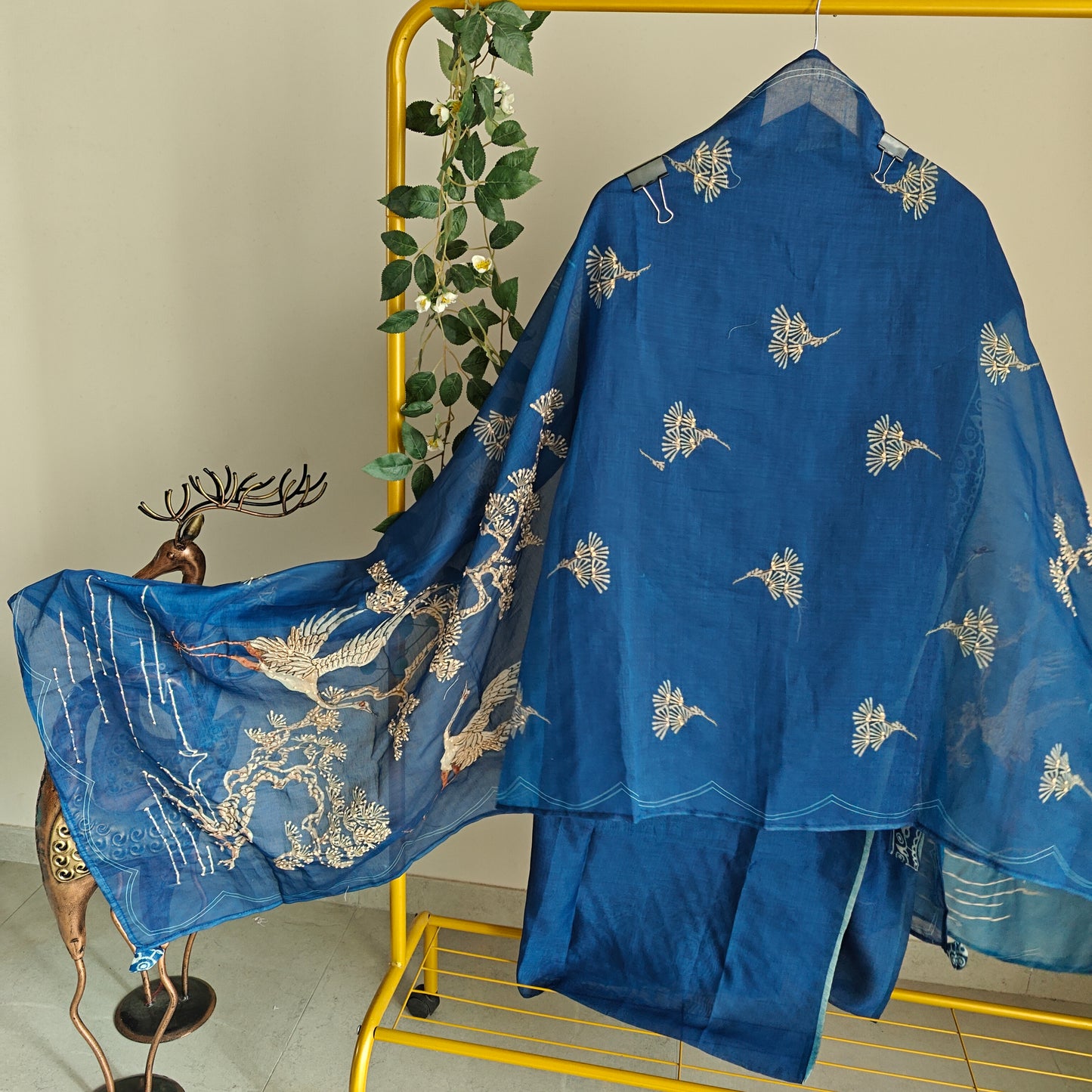 Deep Blue chanderi cotton knot Bird embroidery