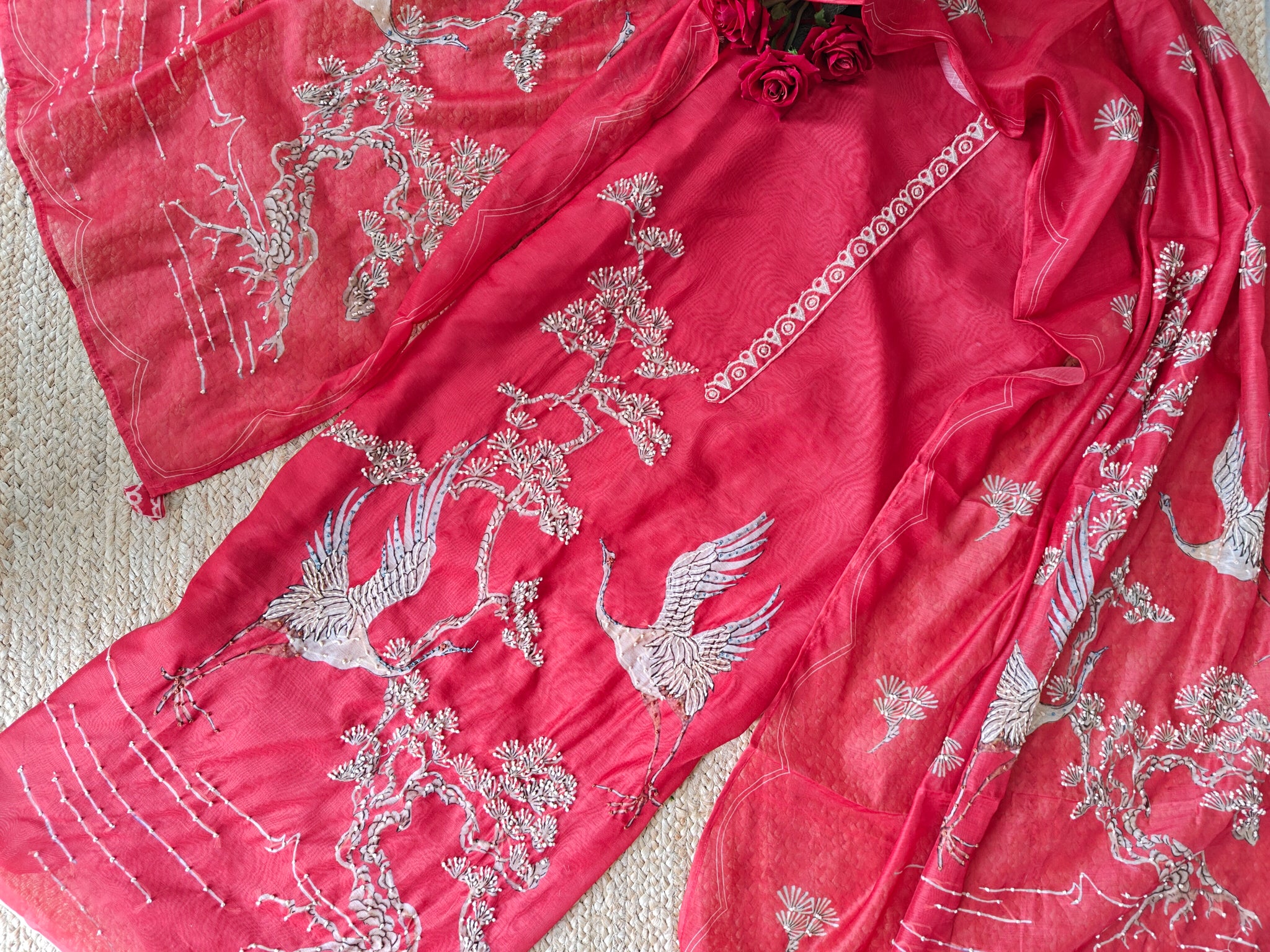 Red chanderi cotton knot Bird embroidery