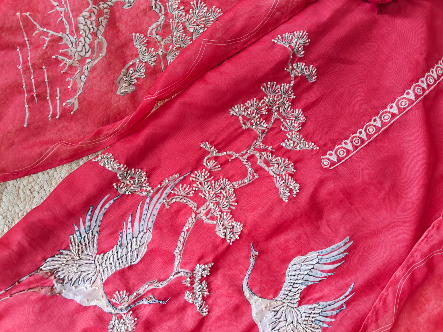 Red chanderi cotton knot Bird embroidery