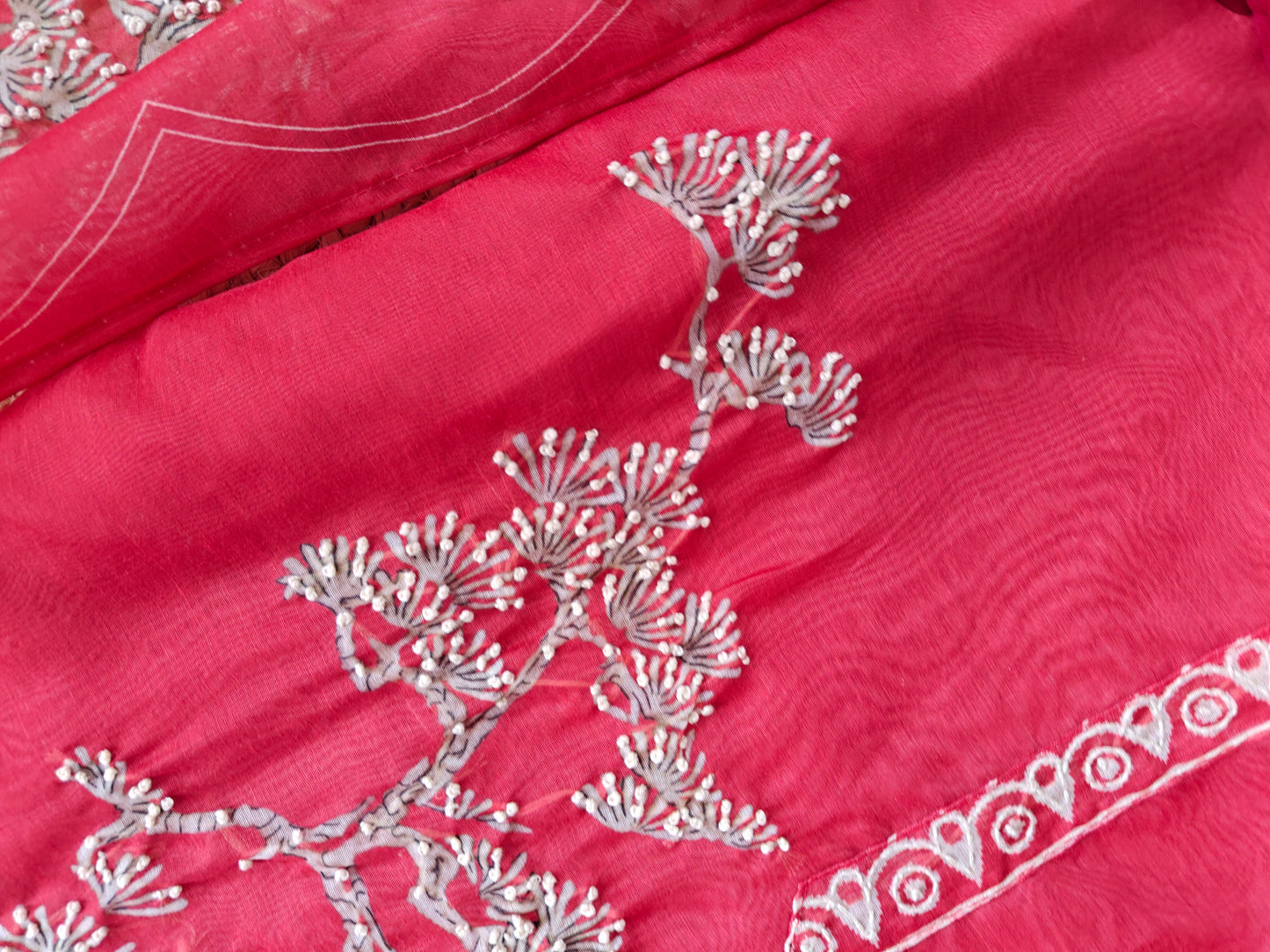 Red chanderi cotton knot Bird embroidery