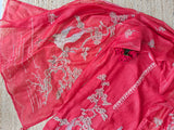 Red chanderi cotton knot Bird embroidery