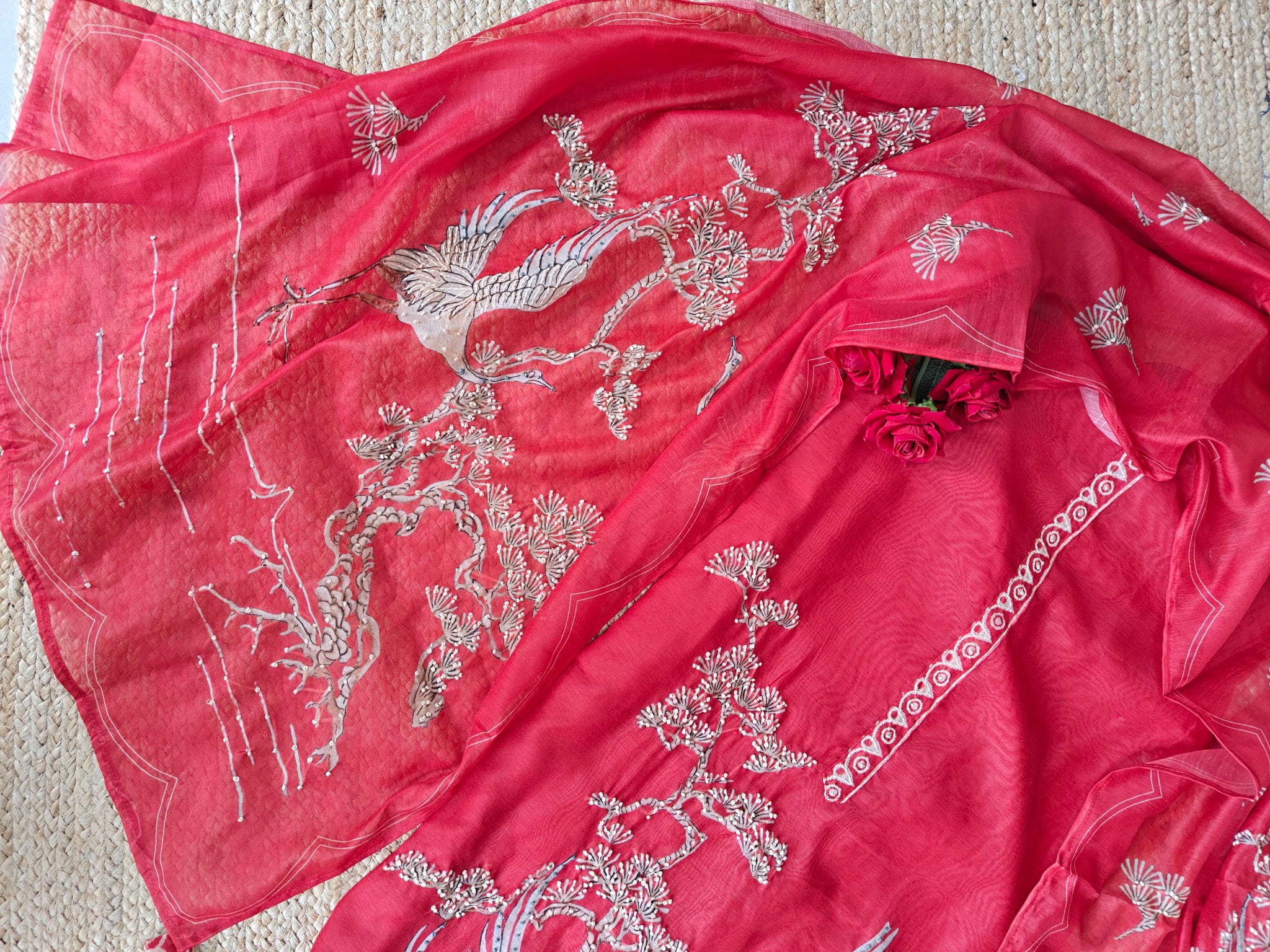 Red chanderi cotton knot Bird embroidery