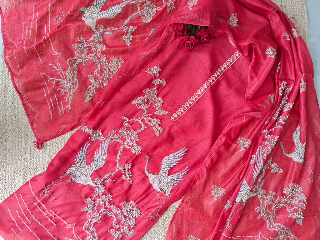 Red chanderi cotton knot Bird embroidery