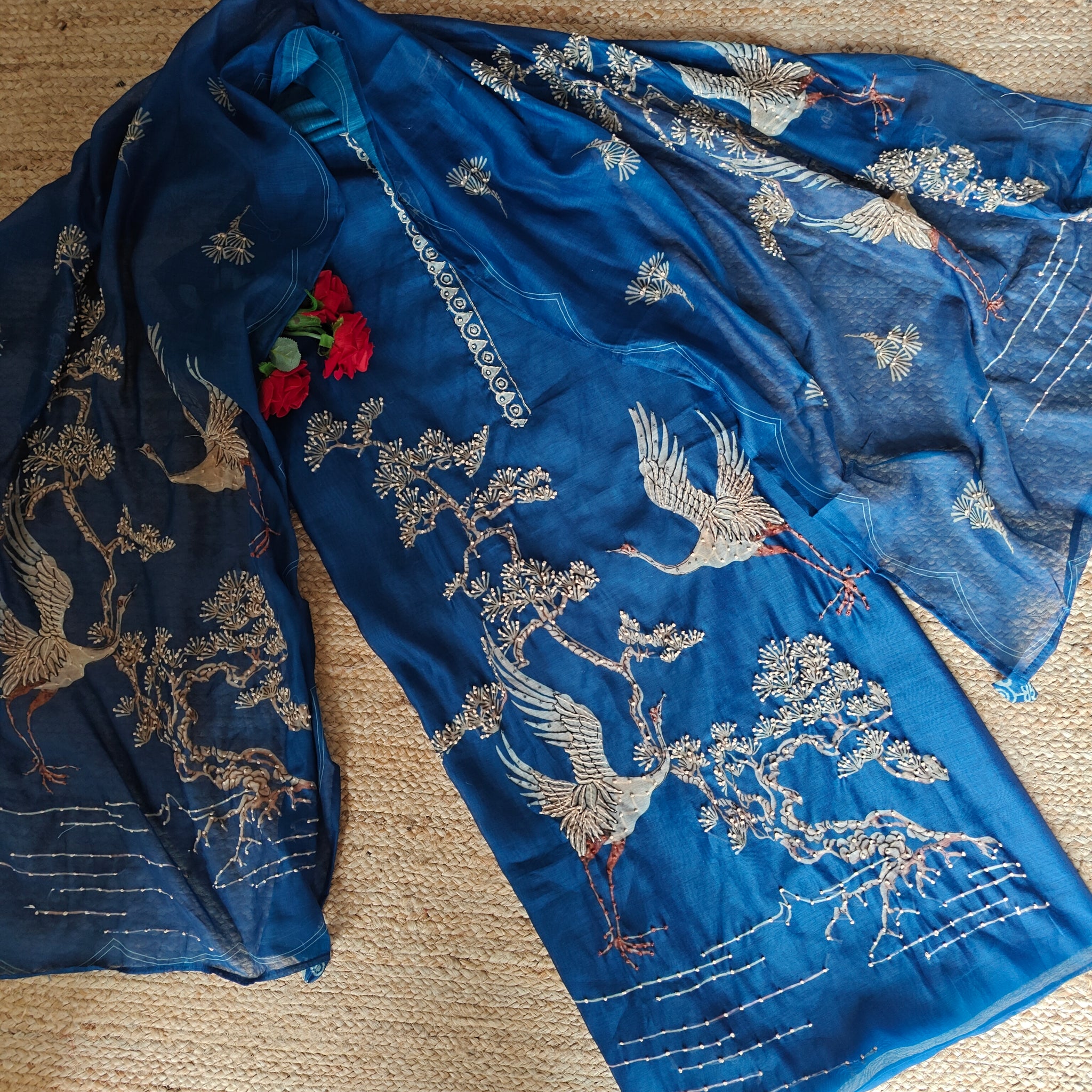 Deep Blue chanderi cotton knot Bird embroidery