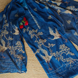 Deep Blue chanderi cotton knot Bird embroidery